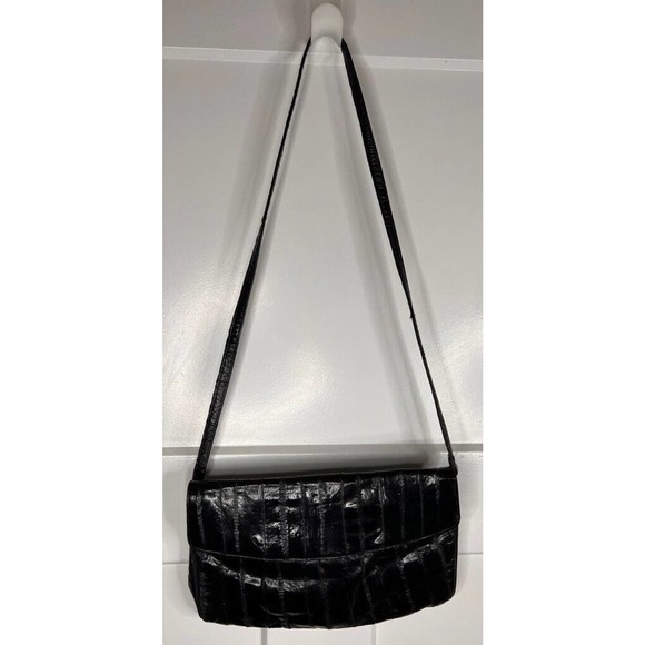 Vintage Women's Shoulder‎ Bag Black Genuine Eel Skin Flap Single Strap S - Picture 1 of 14